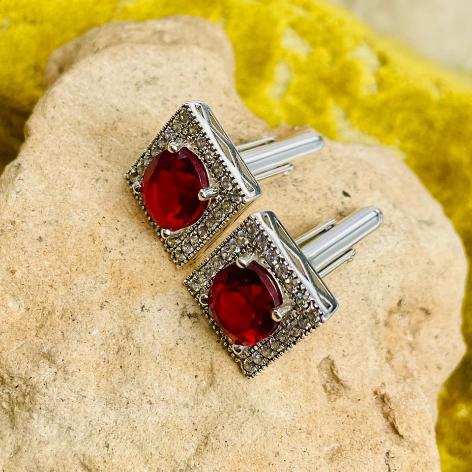 Luxurious Red Ruby & CZ Halo Square Cufflinks – Silver Tone Formal Jewelry - Image 4 of 4