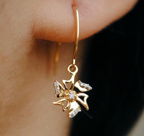 Floral 14k Gold Diamond Drop Dangle Earring Delicate Ear Wire Bridal Jewelry. - Picture 1 of 12