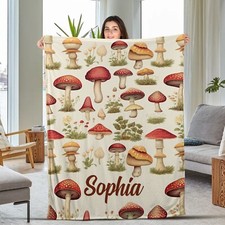 Personalized Mushroom Blanket Vintage Fungi Blanket Custom Name Soft Cozy Sherpa