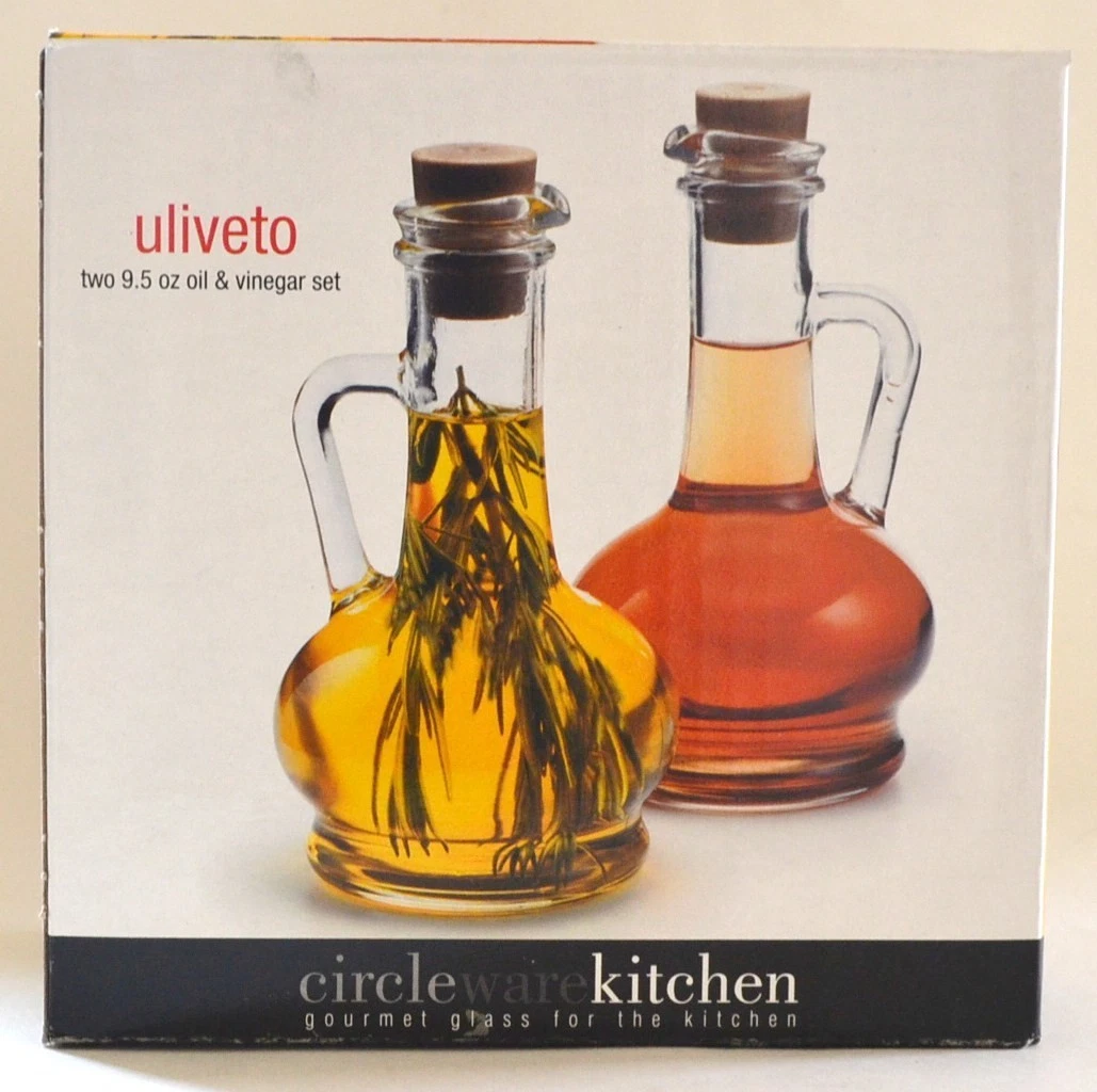 NEW ULIVETO 2 PC SET CONTEMPORARY GLASS HANDLE OIL & VINEGAR 9.5OZ DISPENSER