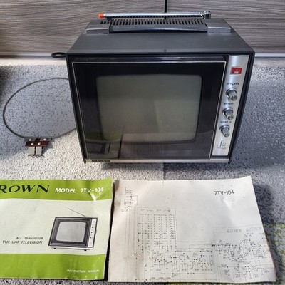 CROWN PERSONAL Mini TV VHF UHF 7TV-104, Transistor Vintage Retro + Manual, Leder