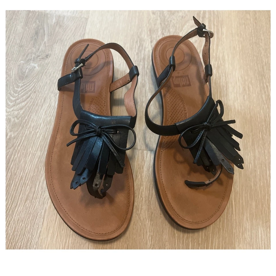 Шлепанцы женские Tia бахрома кожа стринги сандалии размер 7 черный слинга комфорт - Изображение 2 из 4