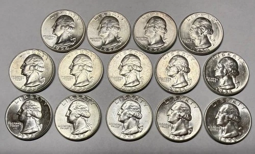Lot of 14 Washington 90% Silver Quarters 1954-1958, All Brilliant Uncirculated