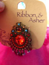 New Ribbon & Asher Broach with Faux Gems Orange Red Turquoise