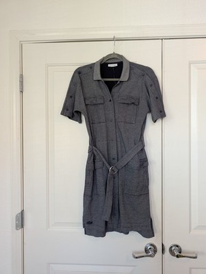 Lacoste Gray Cotton Knit Shirt Dress, Collared, Belted, Pockets, Button, Size 36