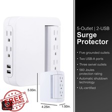GE Pro 5-Outlet Swivel Surge Protector USB Wall Tap Adapter White