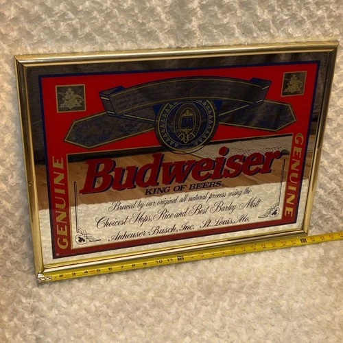 Vintage Budweiser Beer Mirror Bar Sign 1995 25” x 17” Gold Tone Frame Man Cave