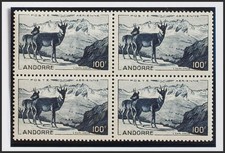 Andorra Francaise. Aerial. ** MNH Yvert 1(4). 1950. 100 Francs Blue, Block Of C