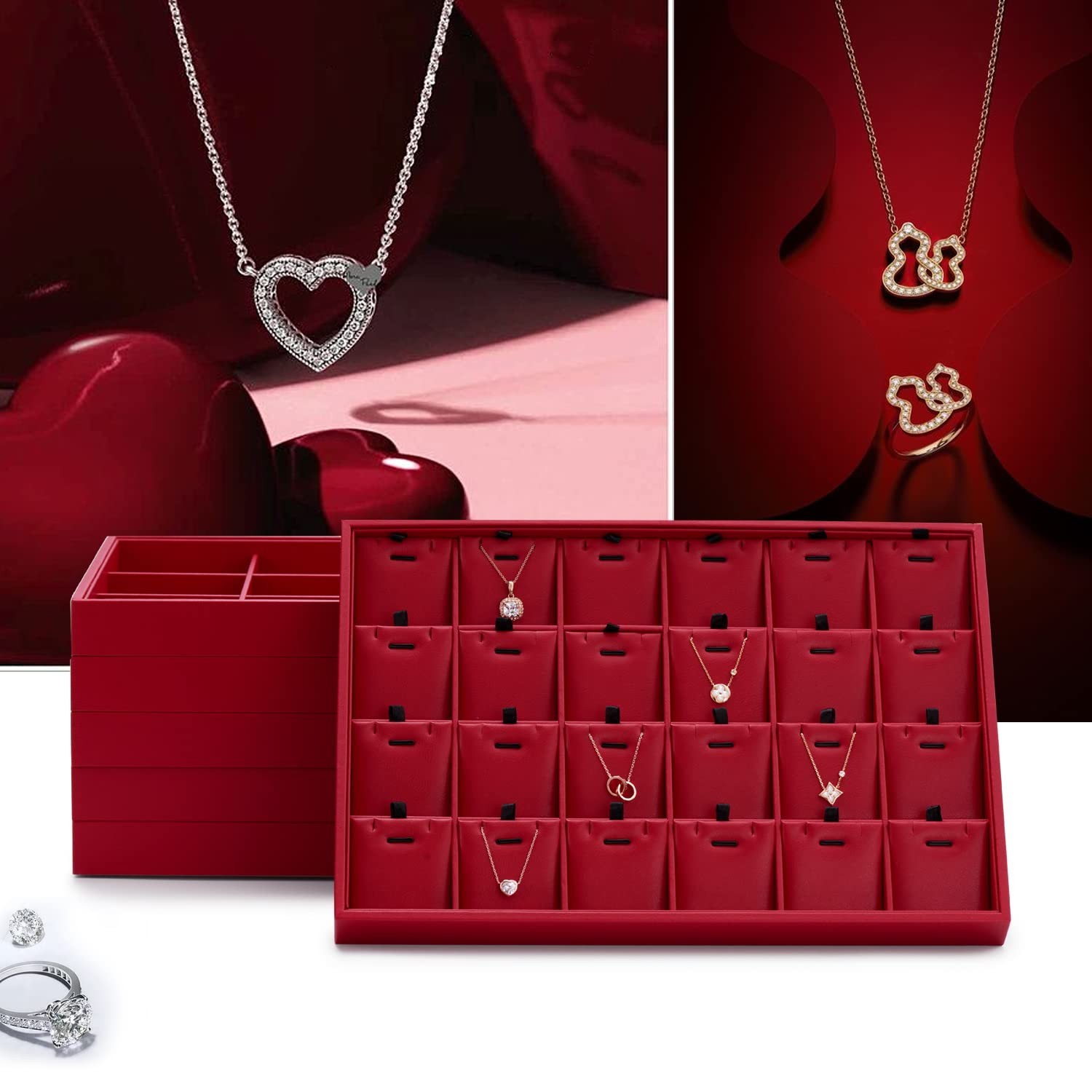 Oirlv Gorgeous Red Leather 24 Grid Jewelry Tray with Removable Inserts Jewelr...