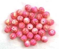 8MM PINK & YELLOW WITH VEINS ROUND GLASS BEADS FOR JEWELRY MAKING 37 PCS