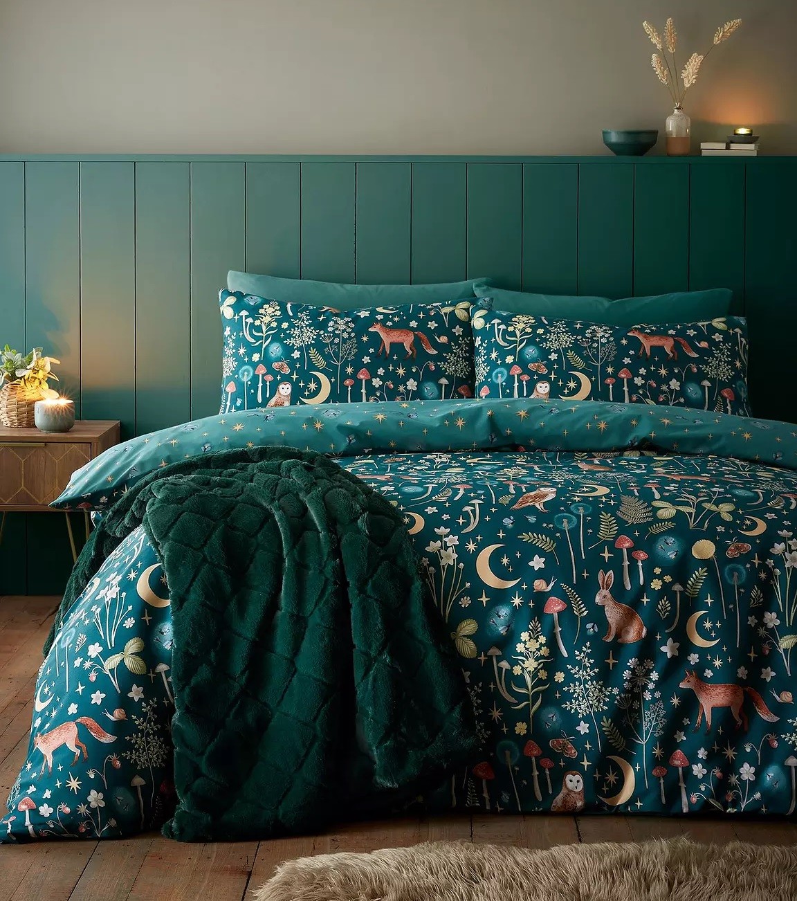 Catherine Lansfield Unisex Green Enchanted Twilight Animals Reversible Bed Set - Image 2