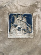 Excellent Marblehead Pottery Arts And Crafts Period Masted Ship Tile. Felt Back