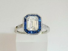 3.50Ct Emerald Cut Lab-Created Diamond Sapphire Halo Art Deco Style Ring Silver