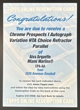 2026 Bowman Aiva Arquette Chrome Auto HTA Choice Refractor /150 1st Prospect