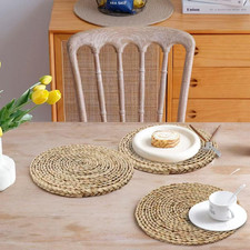 6Pcs 12" round Woven Rattan Placemats Natural Hand-Woven Water Hyacinth Braided