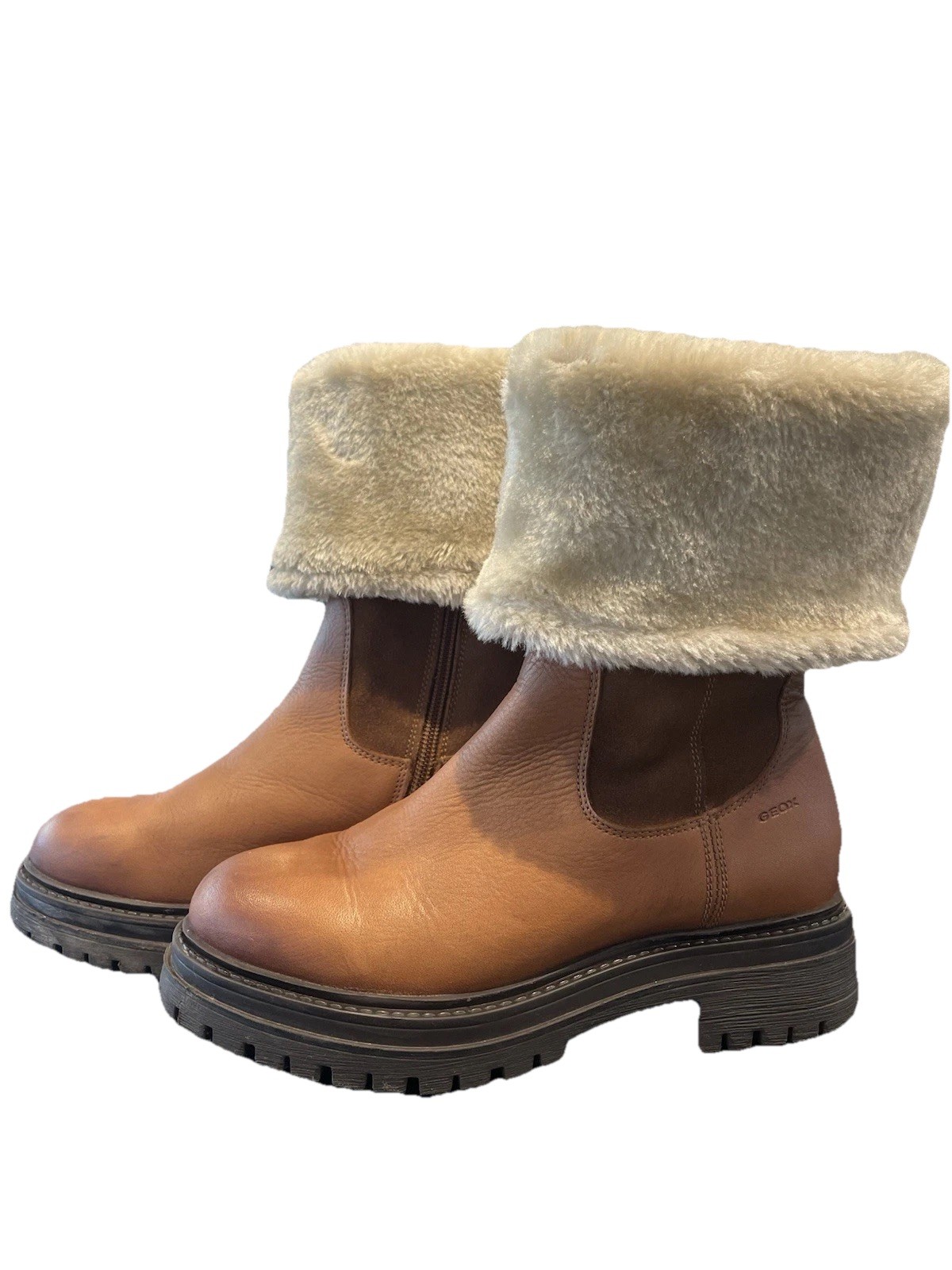 Geox Iridea Girls Women’s Leather Zipped Warm Boots UK 2.5 EU 35 Cognac RRP £77