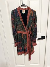Farm Rio Forest Tapestry Wrap Mini Dress Small Pink Tropical Boho Long Sleeve