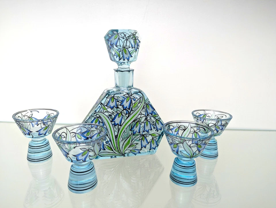 Böhmische Art Deco Karaffe mit 4 Gläsern, Kristallglas handbemalt, Böhmen 1930 - Bild 1 von 4