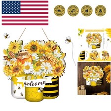 Bee Welcome Yellow Hanging Front Door Summer Decorations for Home Hanger Wood...