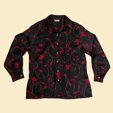 1980s black & red satin blouse by Horst Basler, vintage 80s floral button down