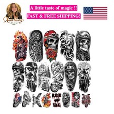 77 Sheets Temporary Tattoos, 17 Sheets Half Arm Motorcycle Skull Flame Flower...