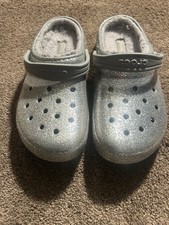 Crocs Classic Glitter Lined Clog Silver Sherpa Fuzzy Kids J5 Fits Womens 7