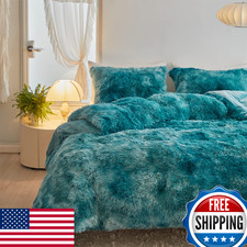 Wajade Faux Fur Plush Tie Dye Teal Comforter Set - Fluffy Shaggy Bedding Full