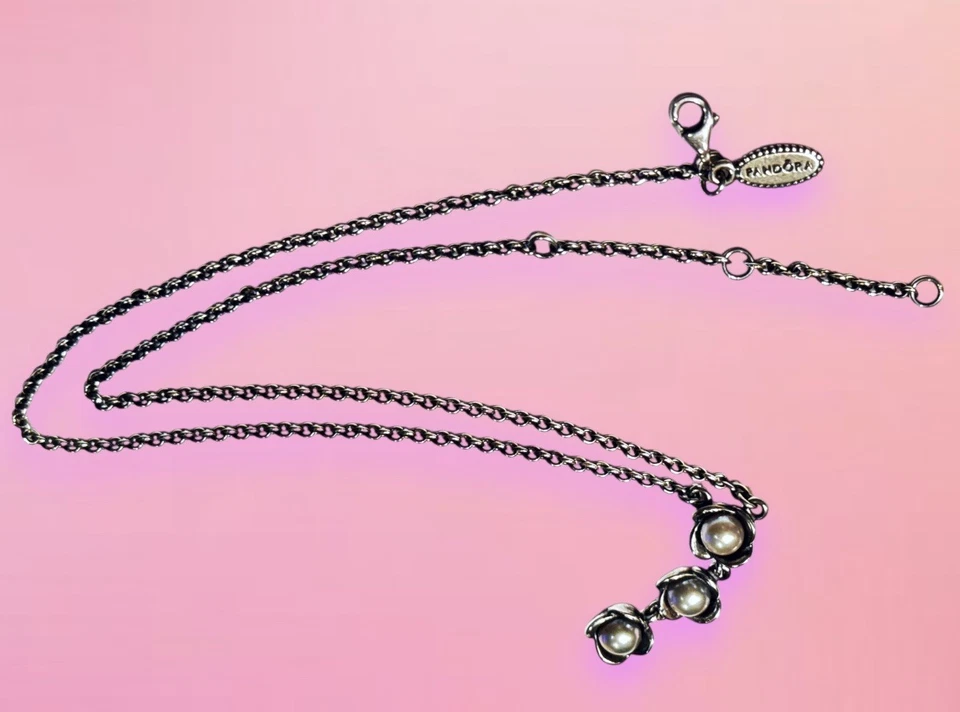 Collar Pandora Retirado Raro Plata Esterlina .925 3 Deseos Perla Gris 18" Foto 2 de 3