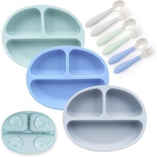 Elk and Friends Eco Kids Silicone Divided Suction Plates Spoon  Forks 3 Pack