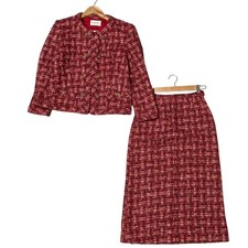 INGEBORG Tweed Collarless Jacket and Skirt Matching Set Red Women USED