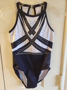Girl's Black/White Modafans Rhinestone Gymnastics Leotard Child Large CL  8-9