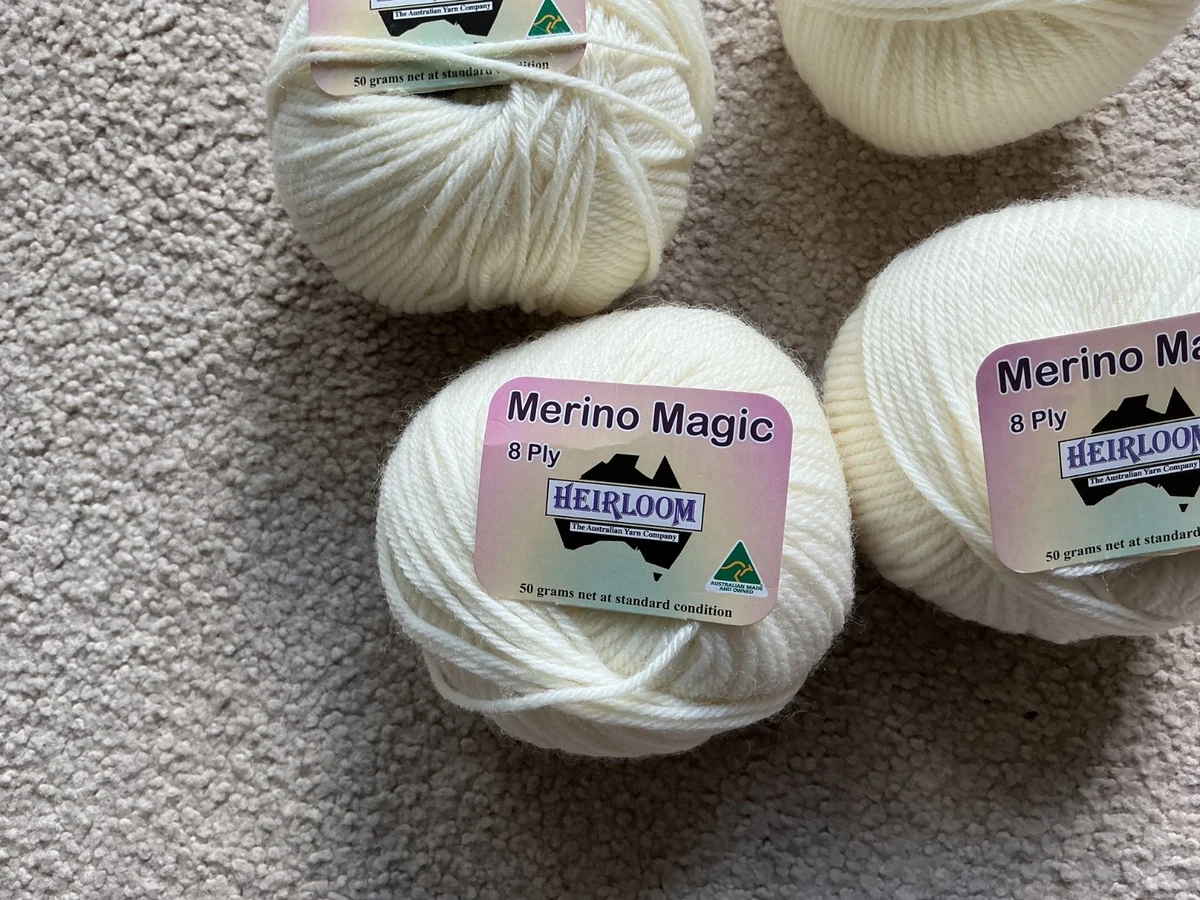 HEIRLOOM MERINO MAGIC 8PLY PURE WOOL YARN SHADE WHITE 4 X 50 GRAM BALLS