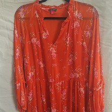 Vince Camuto Women’s L Orange Pink Floral Chiffon Midi Shift Dress Ruffle