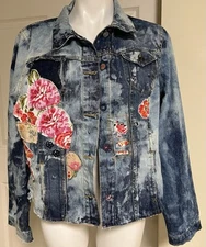 Upcycled Denim Jacket OOAK  Patchwork Bleached Boho Festival Art To Wear L/XL