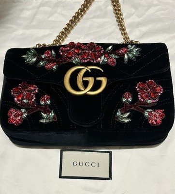 Authentic Gucci GG Marmont Mini Velvet Crystal Bag