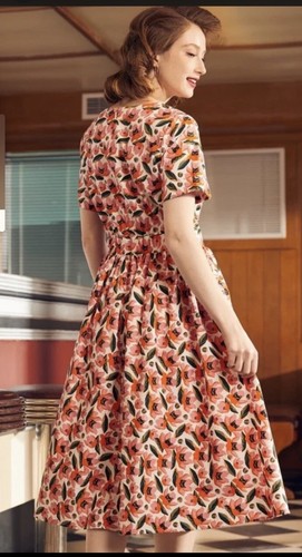 ModCloth Such a Vintage Find Fit & Flare Dress Cat Floral Pin Up Retro Medium - Picture 2 of 10