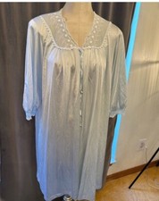 Vintage Lorraine Blue Nylon Nightgown Button Front Floral Eyelet large