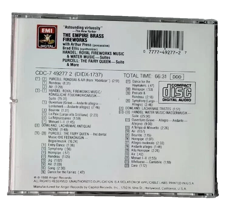 EMPIRE BRASS - Fireworks (CD, 1988) Royal Fireworks Water Music Purcell Handel Foto 2 de 2