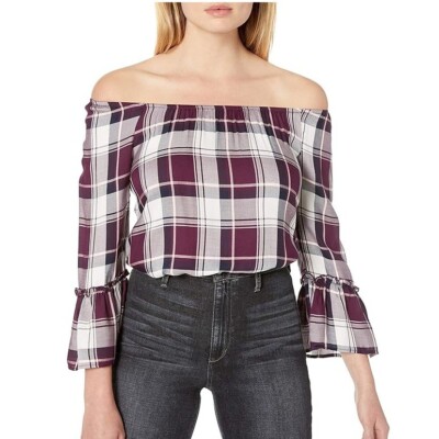 BCX Juniors Women XL Purple Yarn Die Plaid Off The Shoulder Blouse Top NWT BH22