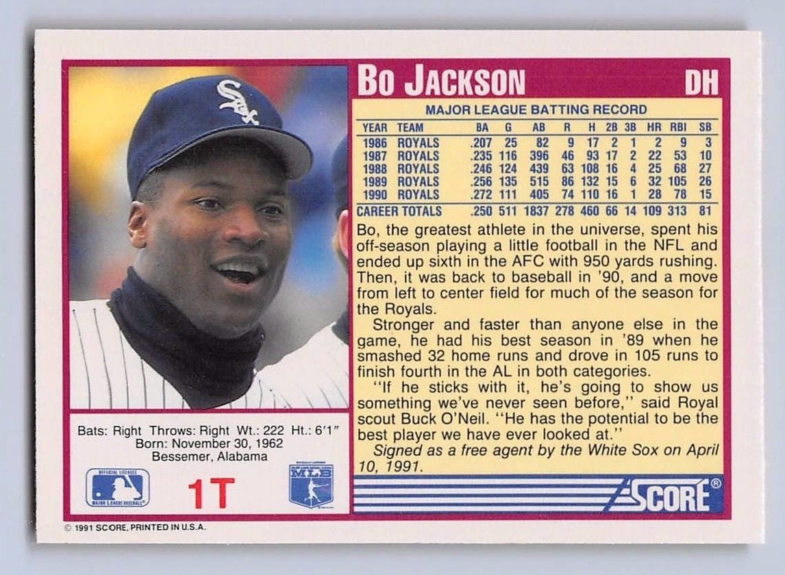 1991 BO JACKSON - SCORE ROOKIE TRADED Baseball Card - # 1T