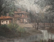 Vintage impressionist oil painting forest river landscape houses