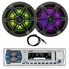 Pyle Single DIN Marine Bluetooth Receiver, 2x 6.5" 120W Speakers, Radio Antenna