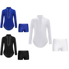 Kids Boys Gymnastic Leotards Rhinestones Long Sleeve Bodysuit with Shorts Set