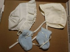 Lot VTG Antique 2 bonnets Baby Infant booties boots knit handsewn blue white ok
