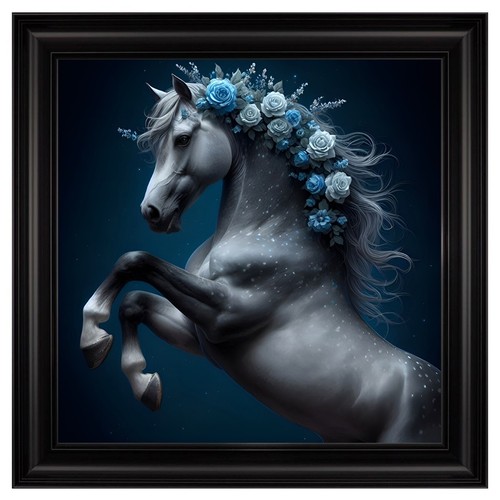 Framed White Galloping Horse With Blue Flowers In Its Main Printed On Velvet - Picture 4 of 5