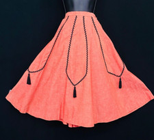 Vintage 1950s red pink black circle skirt, cotton high waist pin up midi XS S
