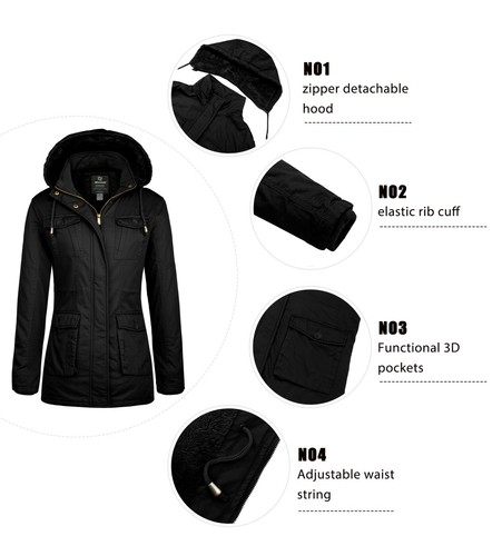 Wantdo Womens Winter Military Jacket Coat Fleece Jacket Warm with Removable Hood - Picture 32 of 32