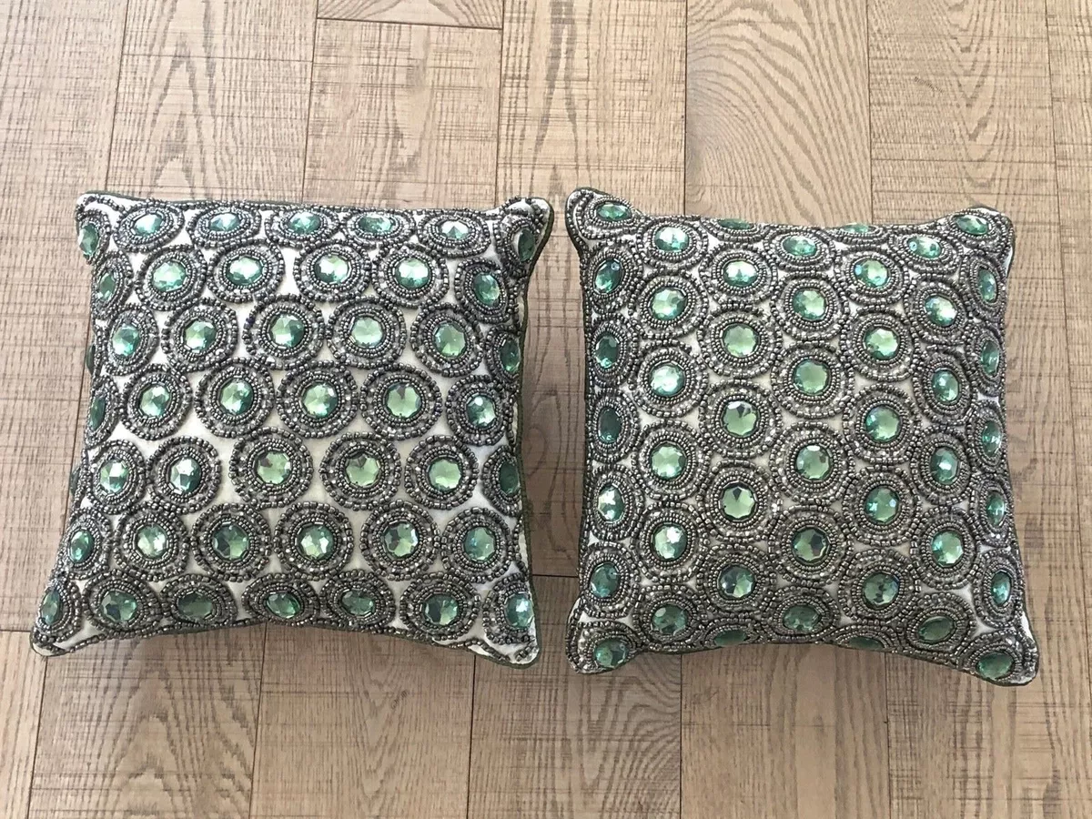 Set/2 Gorgeous Beaded Square Decorative Small Throw Pillows Green & Grey  Beads