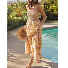 Charlie Holiday Anthropologie Pamela Floral Smocked Linen Maxi Dress Size 8