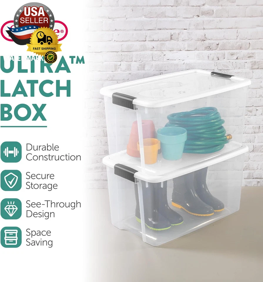 Paquete de 4 cajas de enganche ultra, contenedores de almacenamiento con tapas, plástico transparente, 70 cuartos de galón - Hea Foto 2 de 4